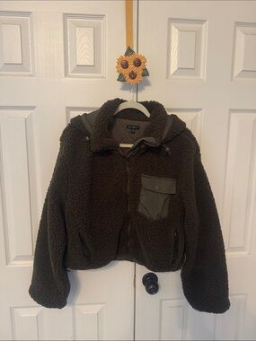 Sherpa Hooded Jacket in Dark Olive colored- ever after brand